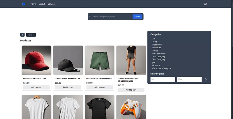 Home del proyecto e-Store, se puede ver un listado de productos y filtrar por categorías