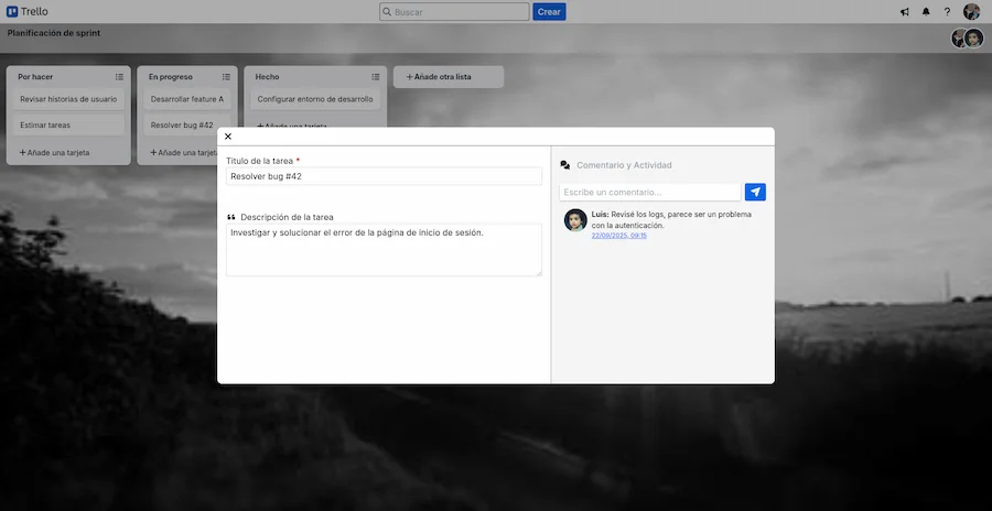 Tablero de Trello Clone con una tarjeta abierta